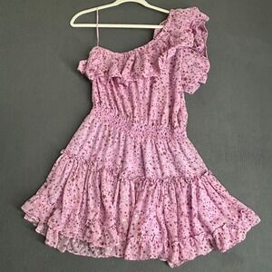 Buddy Love Dress Women Medium Pink Sofia-6 Star Print One Shoulder Ruffle Mini